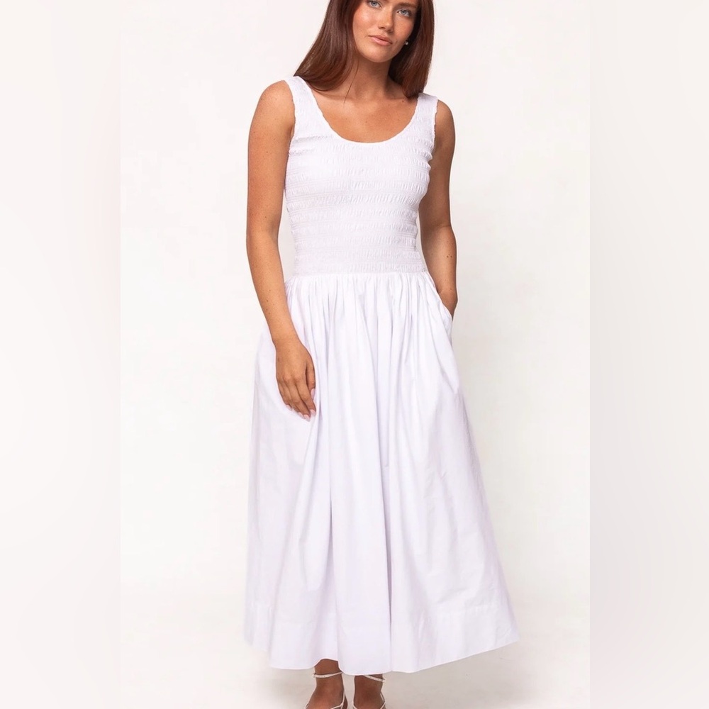 NWOT Ivy City Co White Marlow Sleeveless Maxi Dress with Pockets, Smocked, Large
